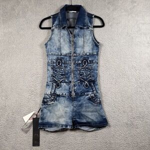 Danesi Denim Romper Women Juniors 9 Blue Zip Front Sleeveless Acid Wash Festival